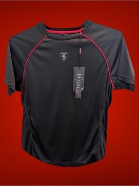 Ferrari Black Short-Sleeve Performance Tee with Red Piping